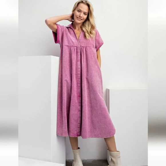 New! Easel Short Sleeve Pink Linen Blend Mineral Washed Midi Dress - Picture 1 of 5